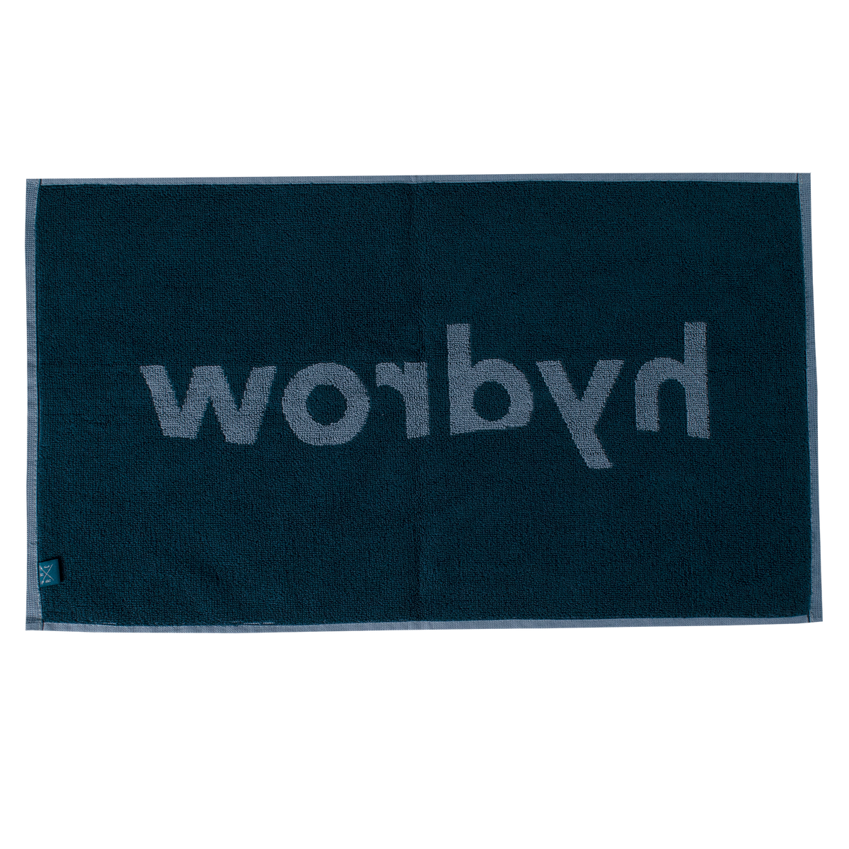 back view of blue gym towel with hydrow logo and crossed oars small woven label